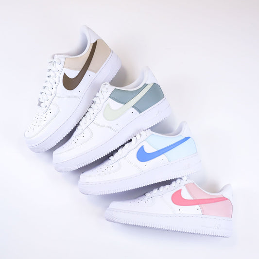 nike air force 1 custom color block personnalisable beige vert sauge bleu pastel rose peint à la main