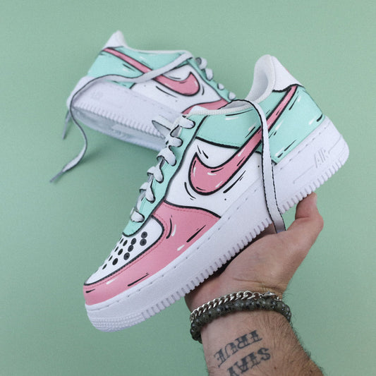 Nike Air Force 1 custom sketch pastel watermelon – sneaker rose bonbon et vert pastel personnalisée