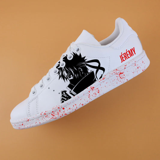 Stan Smith custom Naruto Itachi Uchiha personnalisée – basket blanche manga Akatsuki ninja sharingan Sneakeaze Customs