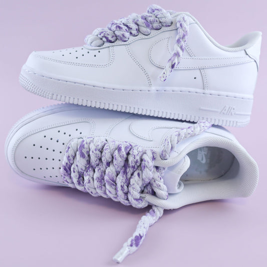 nike air force 1 custom rope laces splash lila avec gros lacets en corde violets, rope laces sneakers personnalisées