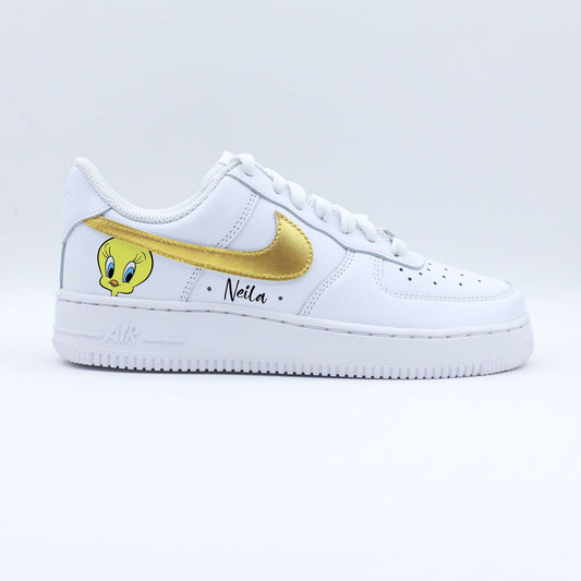 nike air force 1 custom titi tweety enfant prénom personnalisable swoosh doré fait main aubagne