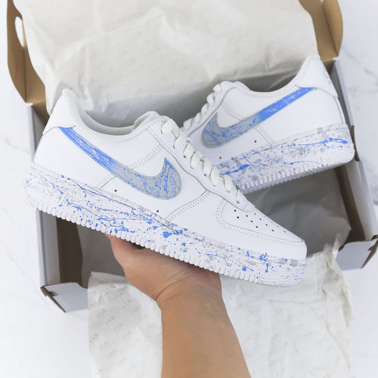 nike air force 1 custom splash paint bleu peinte à la main sneaker personnalisée streetwear unique