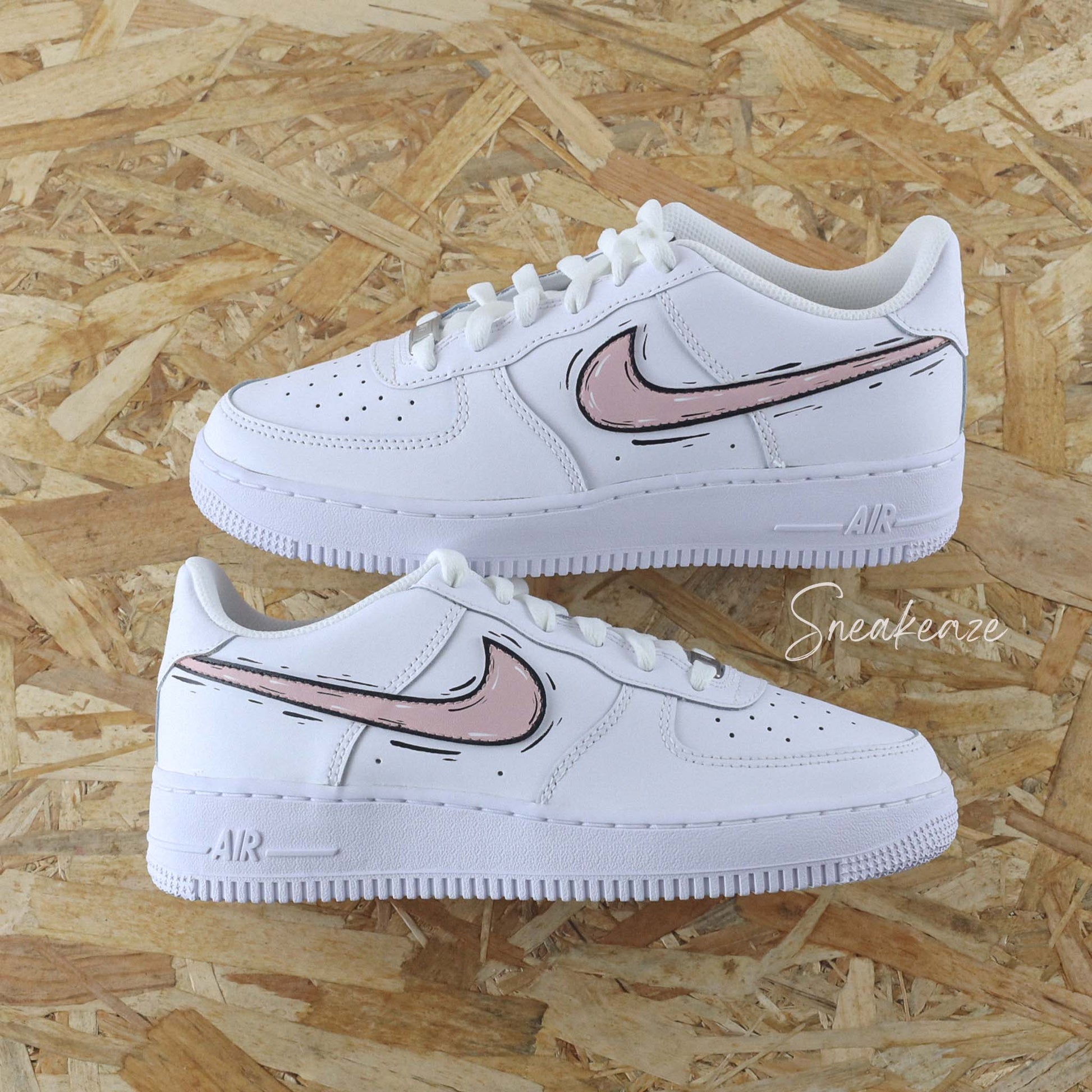 baskets nike air force 1 custom AF1 swoosh cartoon sketch rose pastel shell pink skz sneakeaze customs