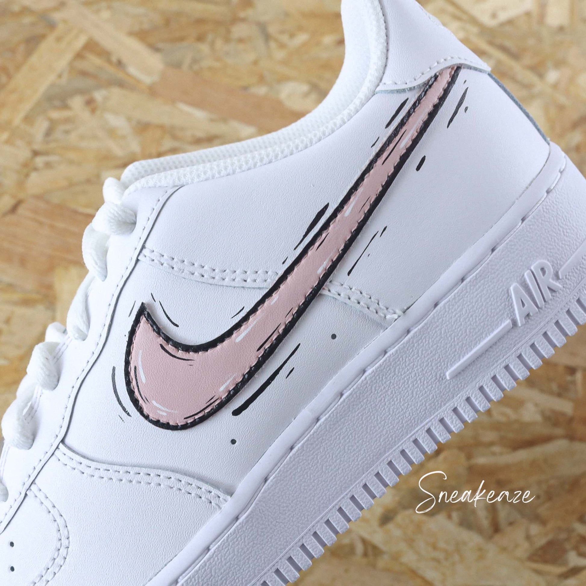 baskets nike air force 1 custom AF1 swoosh cartoon sketch rose pastel shell pink skz sneakeaze customs