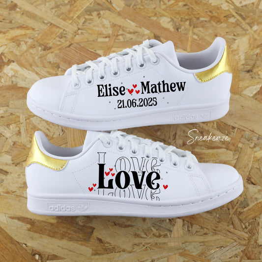 baskets Adidas stan smith custom mariage - wedding day personnalisation date du mariage sur le thème de l'amour couleur gold doré- sneakeaze customs skz