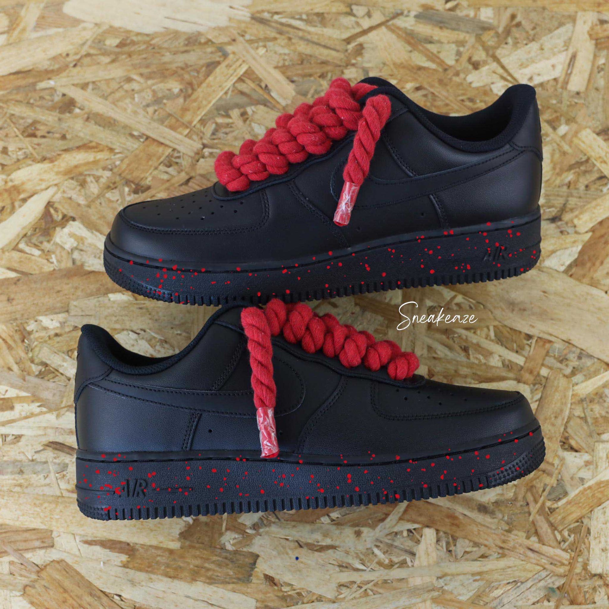 baskets nike air force 1 black custom rope laces splash - lacets corde rouge pastel chaussures personnalisées pour homme et femme sneakeaze gros lacets skz custom