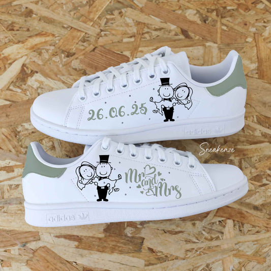 Baskets Adidas Stan smith custom - modèle mariage inscription de la date et de "mr and mrs"  vert de gris sneakeaze customs skz wedding