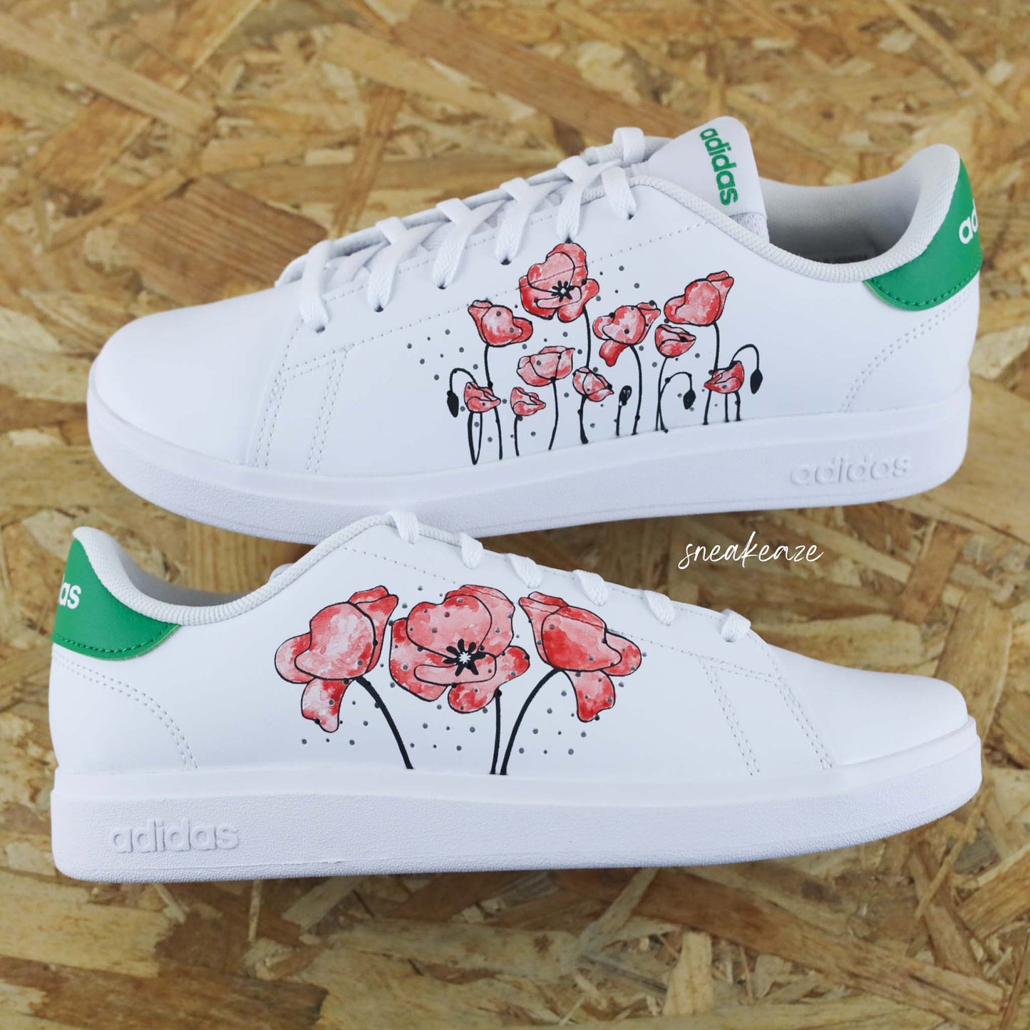 Baskets customisées adidas stan smith custom coquelicot rouge peinture aquarelle poppy watercolor sneakeaze customs skz