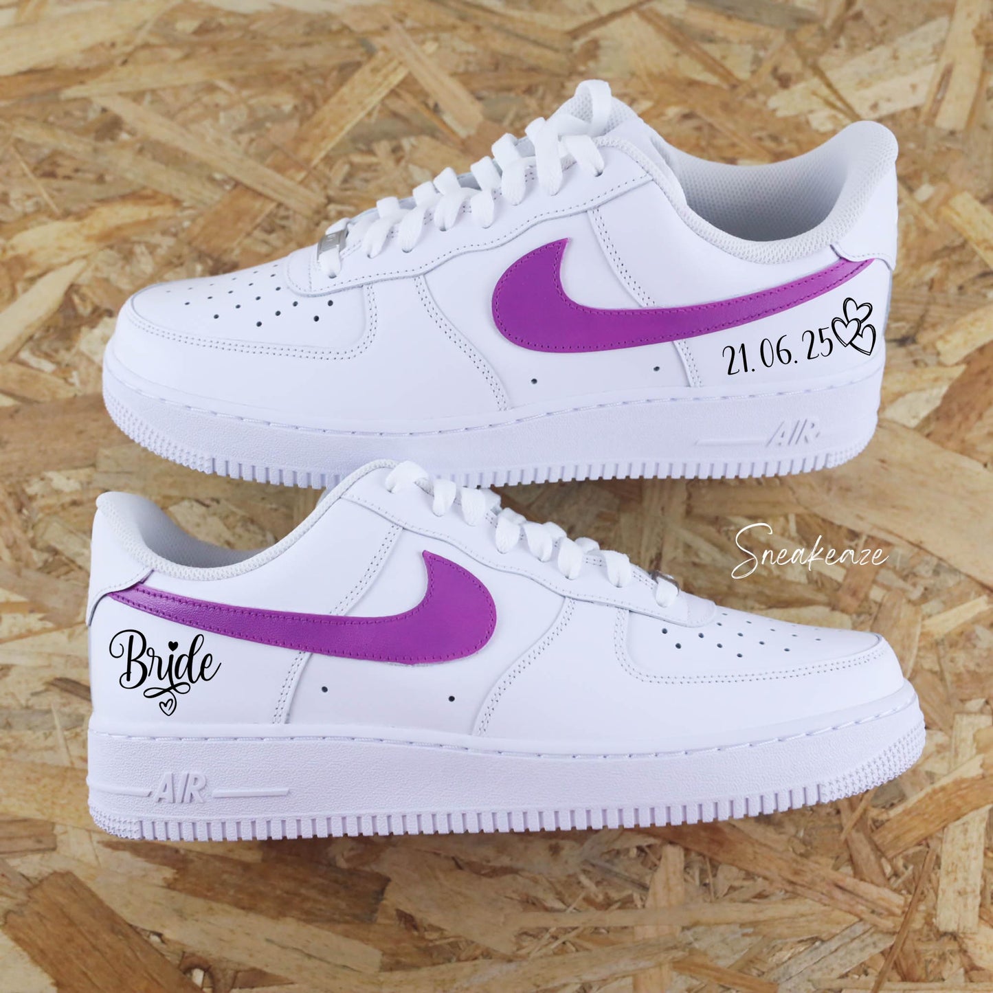 baskets personnalisées mariage nike air force 1 custom mariage couleur violet raisin inscription du mot bride et date du mariage wedding sneakeaze customs skz