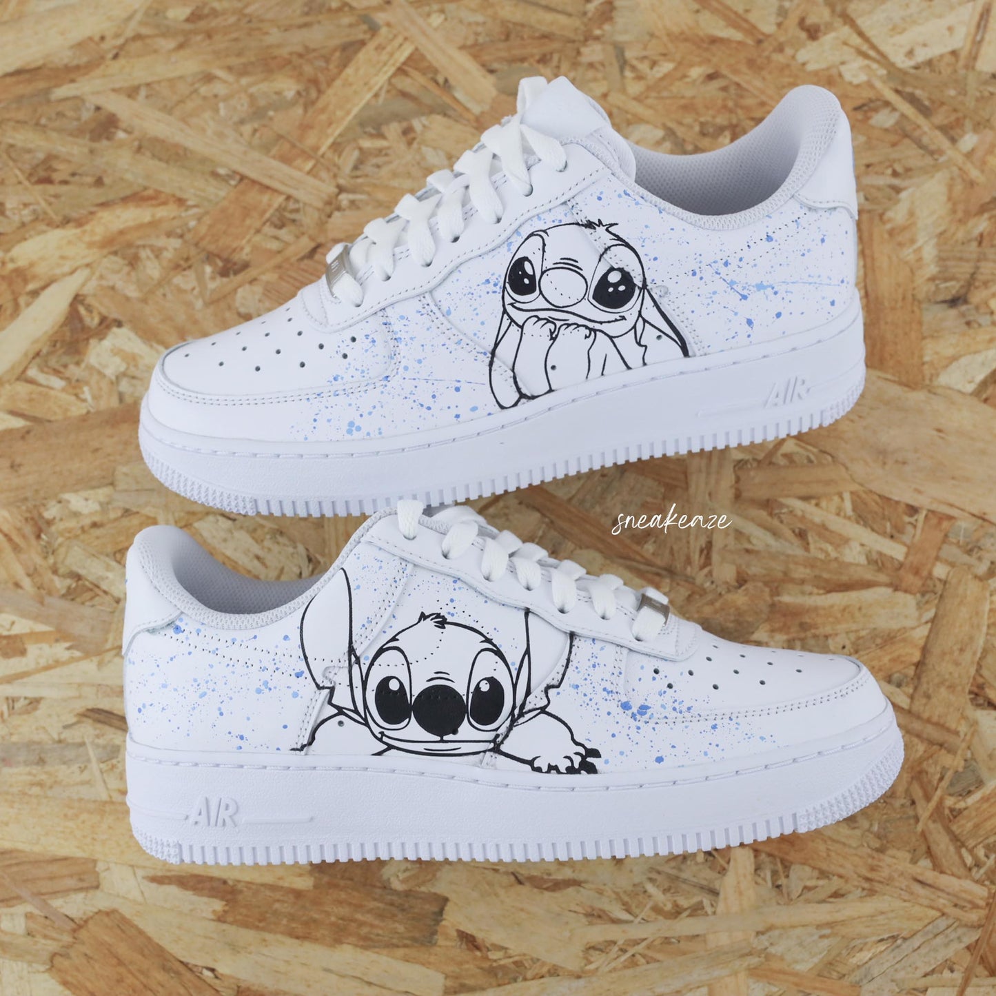 Baskets nike air force 1 custom peint à la main disney lilo et stitch splash bleu sneakeaze custom skz