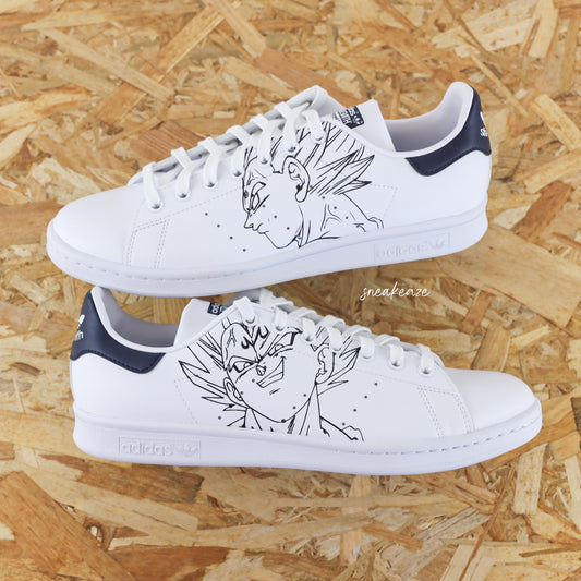 baskets adidas stan smith custom splash dragonballZ dbz vegeta dessin peint à la main sneakers pour homme et femme sneakeaze custom skz