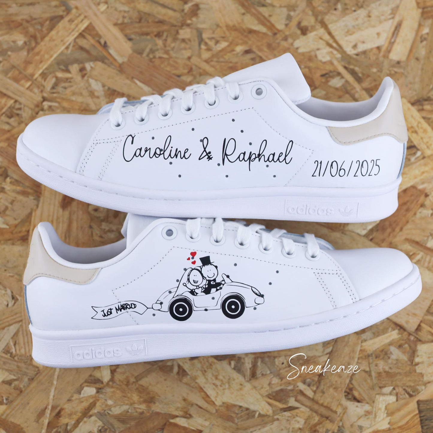 baskets Adidas stan smith custom mariage voiture des mariés - inscription prénoms et date du mariage wedding sneakeaze customs skz