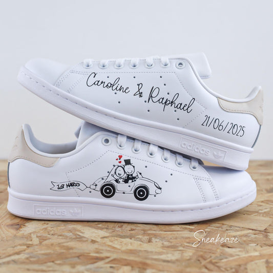 baskets Adidas stan smith custom mariage voiture des mariés - inscription prénoms et date du mariage wedding sneakeaze customs skz