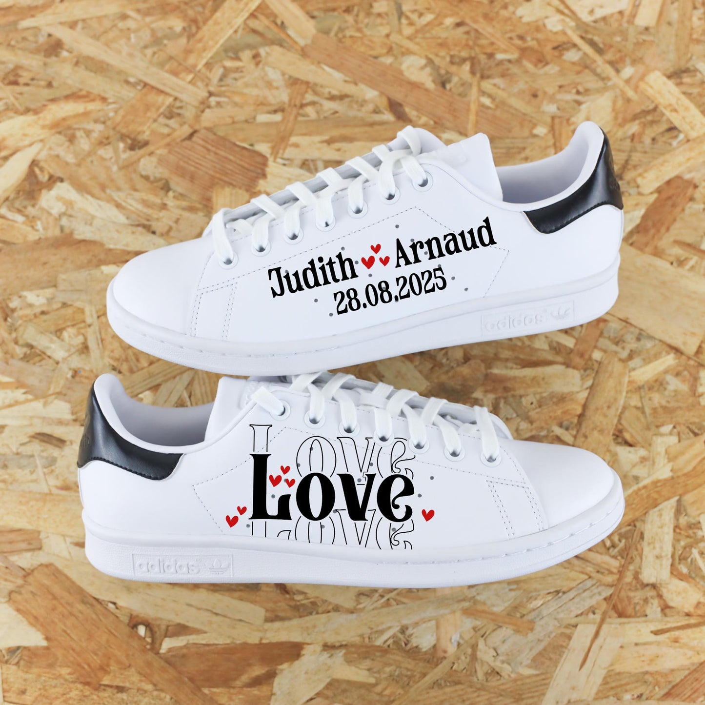 baskets Adidas stan smith custom mariage - wedding day personnalisation date du mariage sur le thème de l'amour couleur noir- sneakeaze customs skz