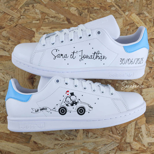 baskets Adidas stan smith custom mariage voiture des mariés - inscription prénoms et date du mariage wedding sneakeaze customs skz