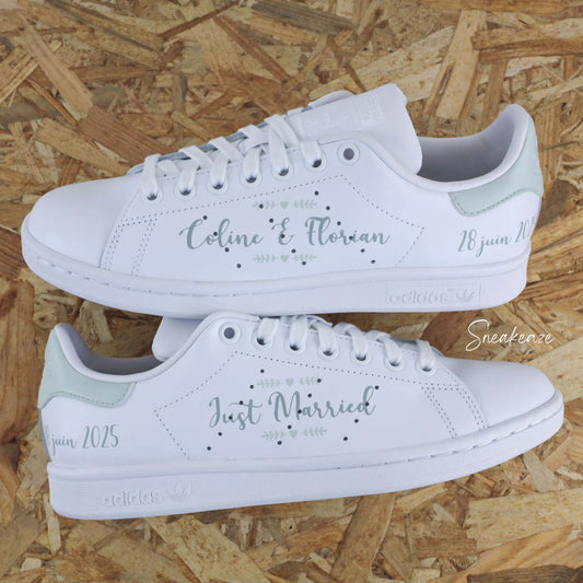 Sneakers Mariage Bohème Chic – Adidas Stan Smith Custom Prénoms & date vert sauge - sneakeaze customs - wedding skz