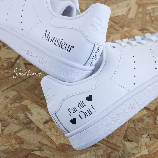baskets Adidas stan smith mariage personnalisées - wedding day personnalisation prénoms des futurs mariés et initiales sur le thème de l'amour - sneakeaze customs skz