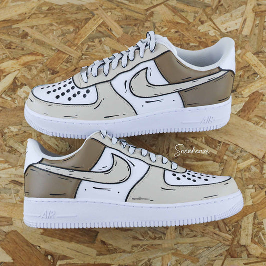 Nike air force 1 custom cartoon sketch - sneakers personnalisées à la main style bande dessinée BD couleur beige et marron pastel chaussures fille et garçon sneakeaze custom