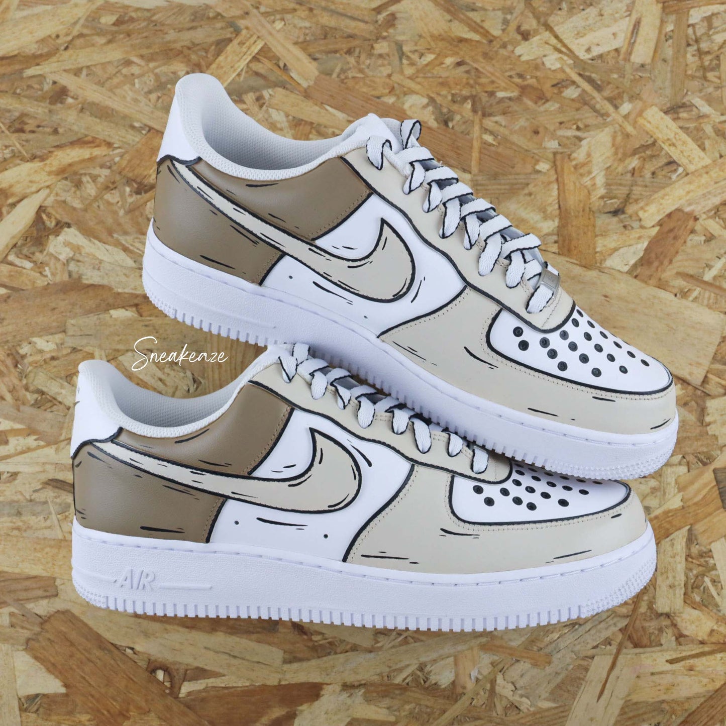 Nike air force 1 custom cartoon sketch - sneakers personnalisées à la main style bande dessinée BD couleur beige et marron pastel chaussures fille et garçon sneakeaze custom