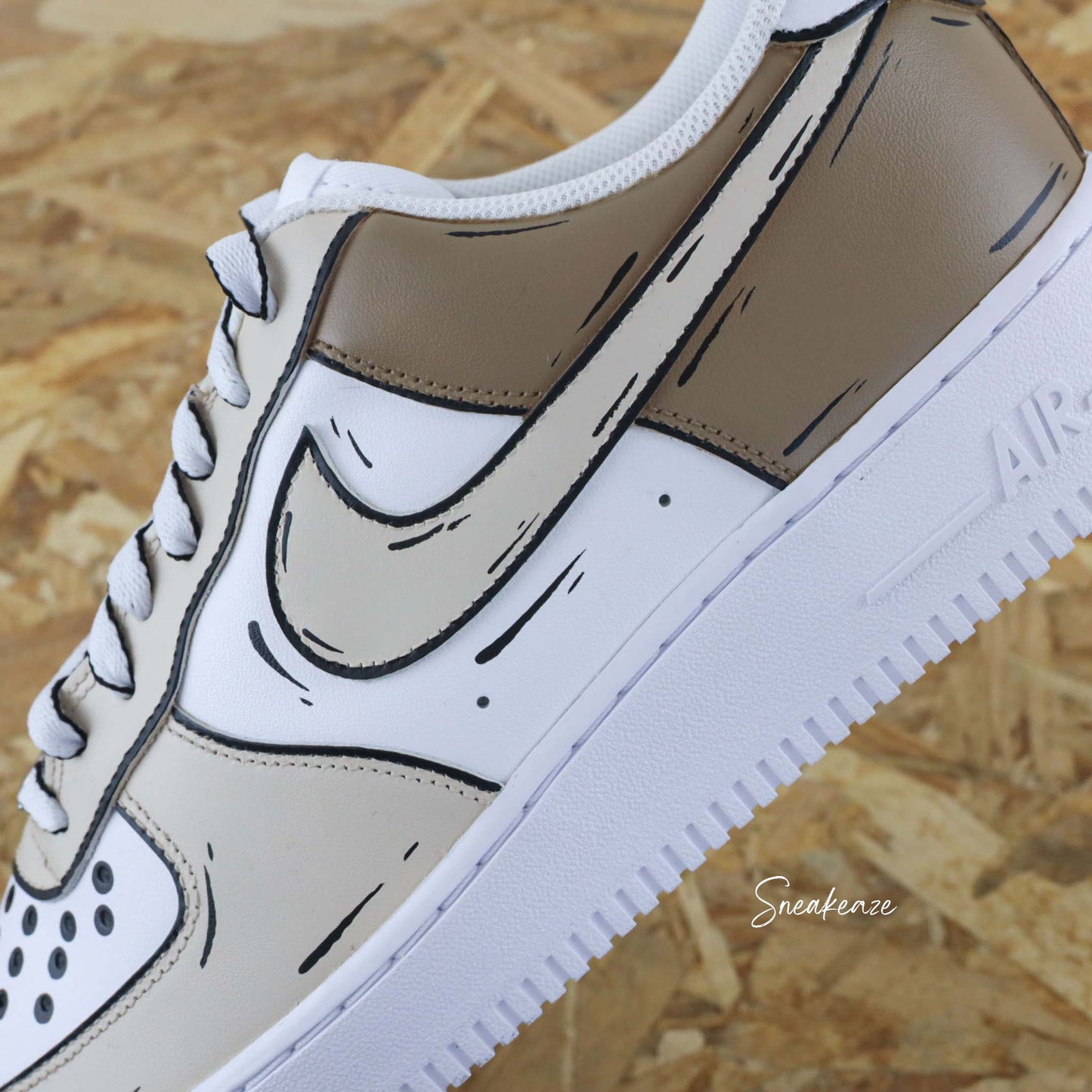 Nike air force 1 custom cartoon sketch - sneakers personnalisées à la main style bande dessinée BD couleur beige et marron pastel chaussures fille et garçon sneakeaze custom