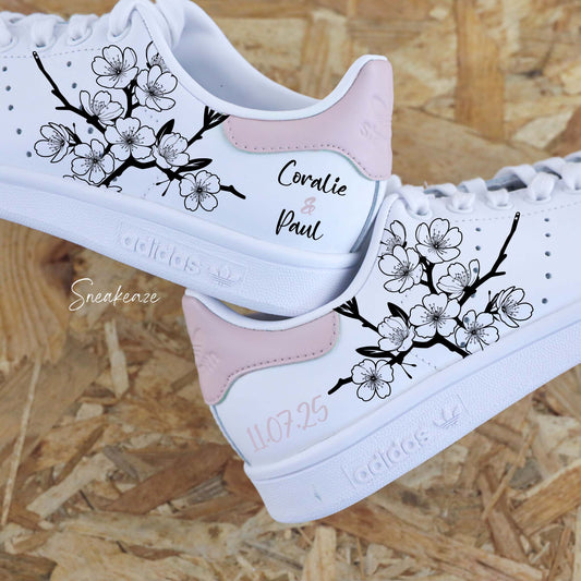 baskets Adidas stan smith custom mariage sakura cherry blossom talon rose clair - inscription date du mariage et prénoms