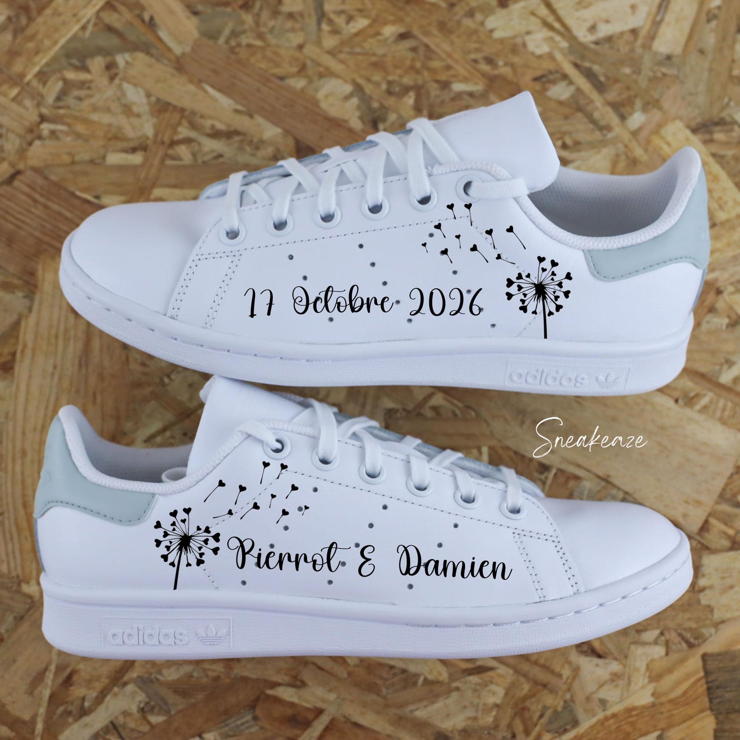 Stan Smith custom mariage - personnalisation date et prénoms des mariés dessin de pissenlit style bohème chic SNEAKEAZE CUSTOMS