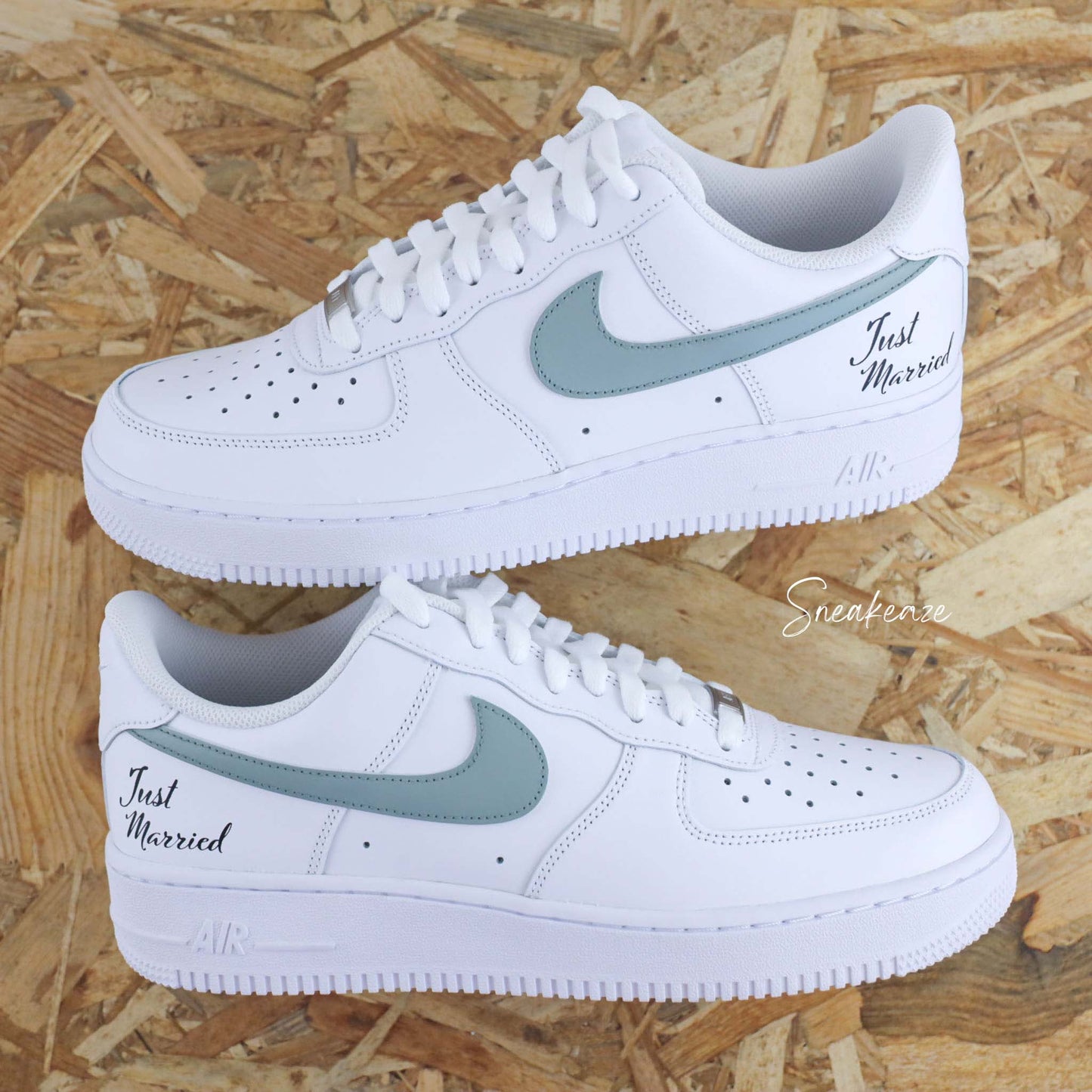 nike air force 1 custom mariage "just married" personnalisation date et initiales talon peint à la main sneakeaze custom