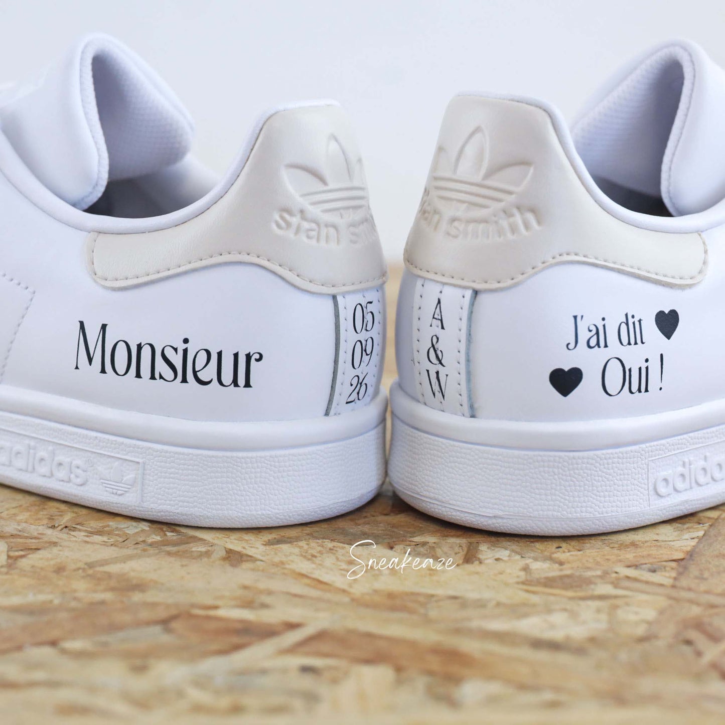 baskets Adidas stan smith mariage personnalisées - wedding day personnalisation prénoms des futurs mariés et initiales sur le thème de l'amour - sneakeaze customs skz