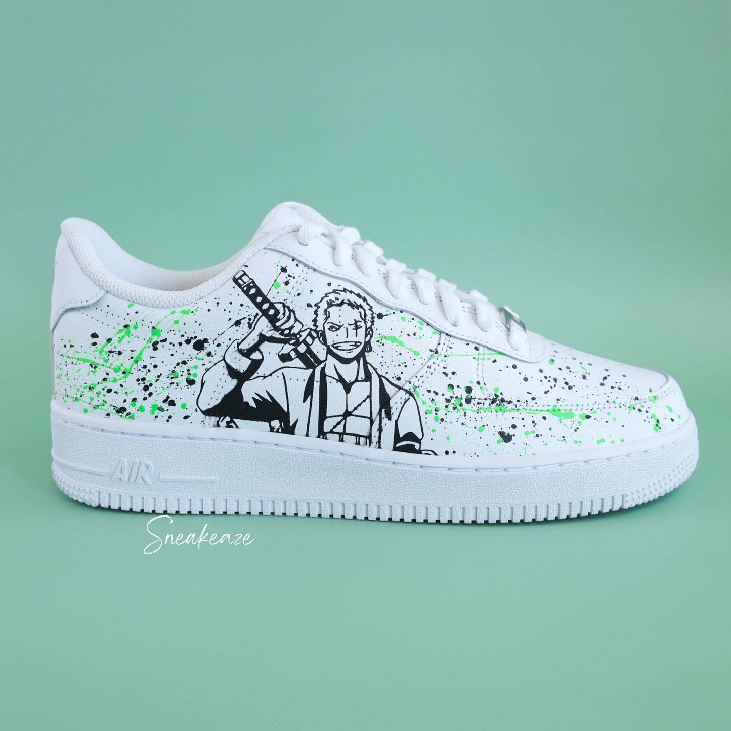 nike air force 1 custom manga animé one piece Roronoa Zoro sneakers af1 personnalisé customisé naruto dbz sasuke sneakeaze custom baskets personnalisées