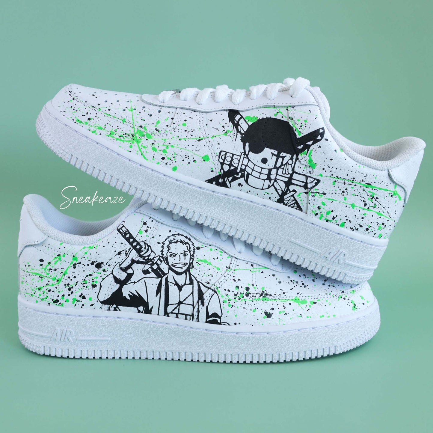 nike air force 1 custom manga animé one piece Roronoa Zoro sneakers af1 personnalisé customisé naruto dbz sasuke sneakeaze custom baskets personnalisées