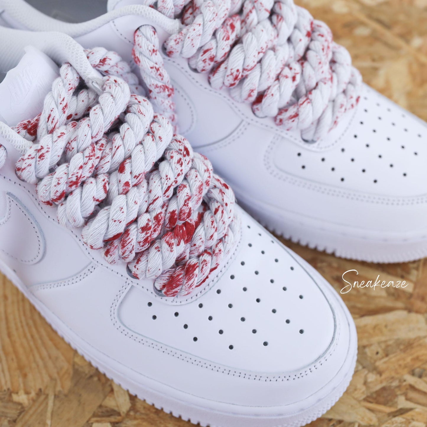 Baskets nike Air Force 1 custom rope laces - gros lacets corde splash rouge sneakeaze customs