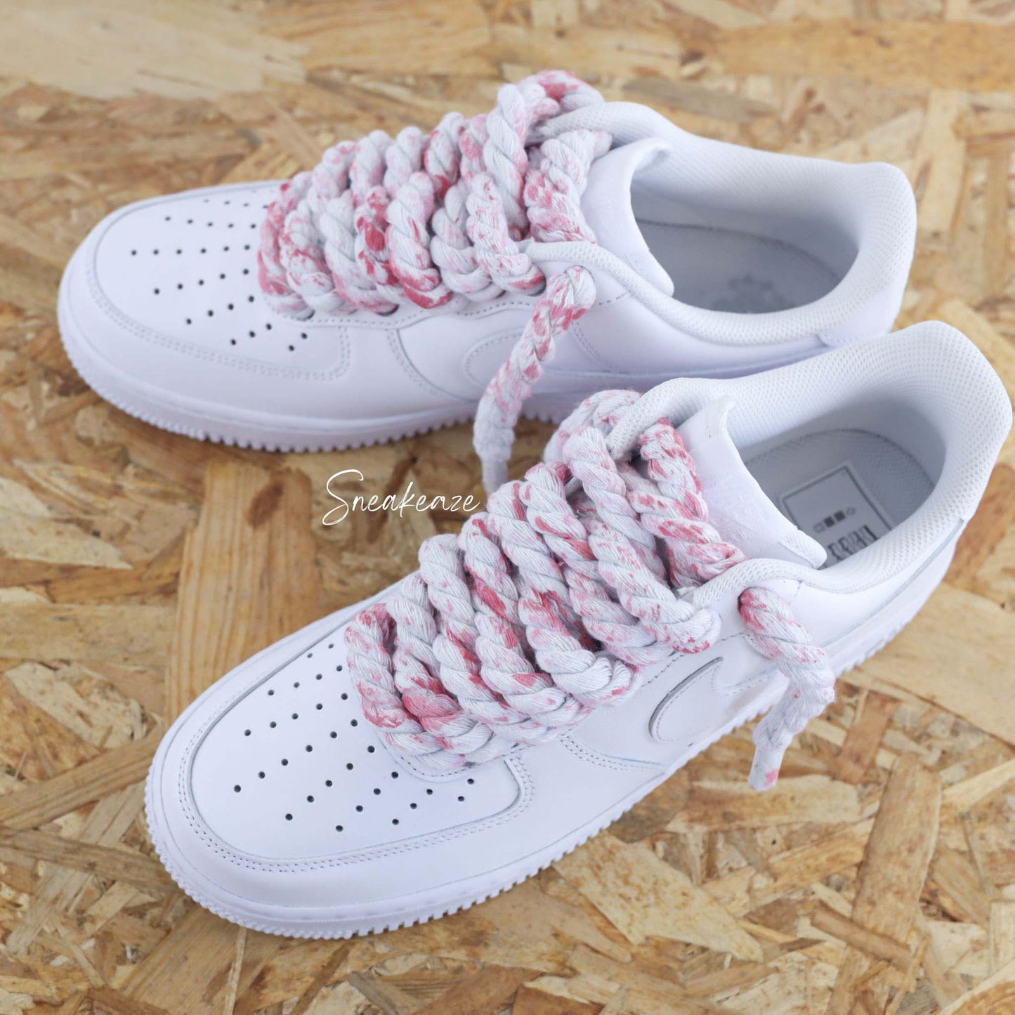 Baskets nike Air Force 1 custom rope laces - gros lacets corde splash rose sneakeaze customs