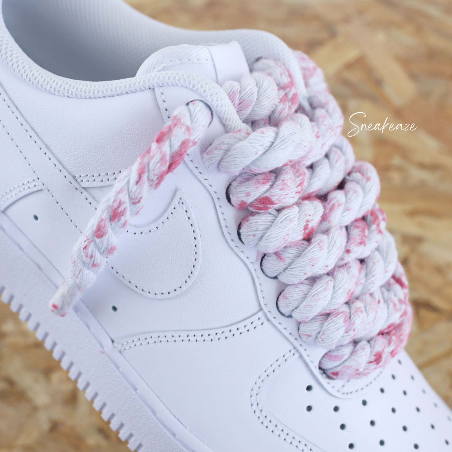 Baskets nike Air Force 1 custom rope laces - gros lacets corde splash rose sneakeaze customs