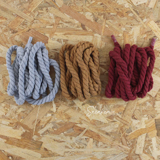 paire de gros lacets corde couleur foncé pour l'autonme - couleur : marron camel, gris et bordeaux. Accessoires pour modèle Rope Laces air force 1 custom ou adidas custom sneakeaze custom