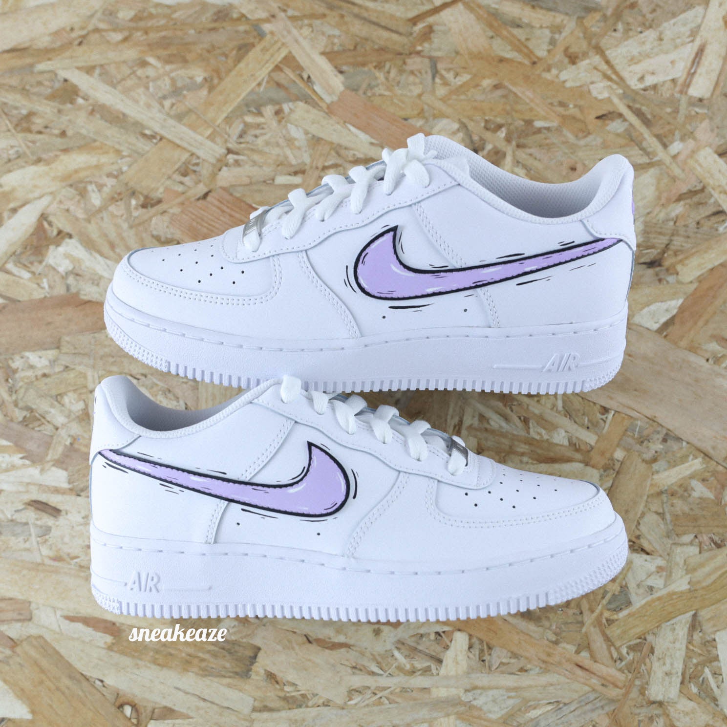 baskets nike air force 1 custom AF1 swoosh cartoon sketch lila pastel skz sneakeaze customs