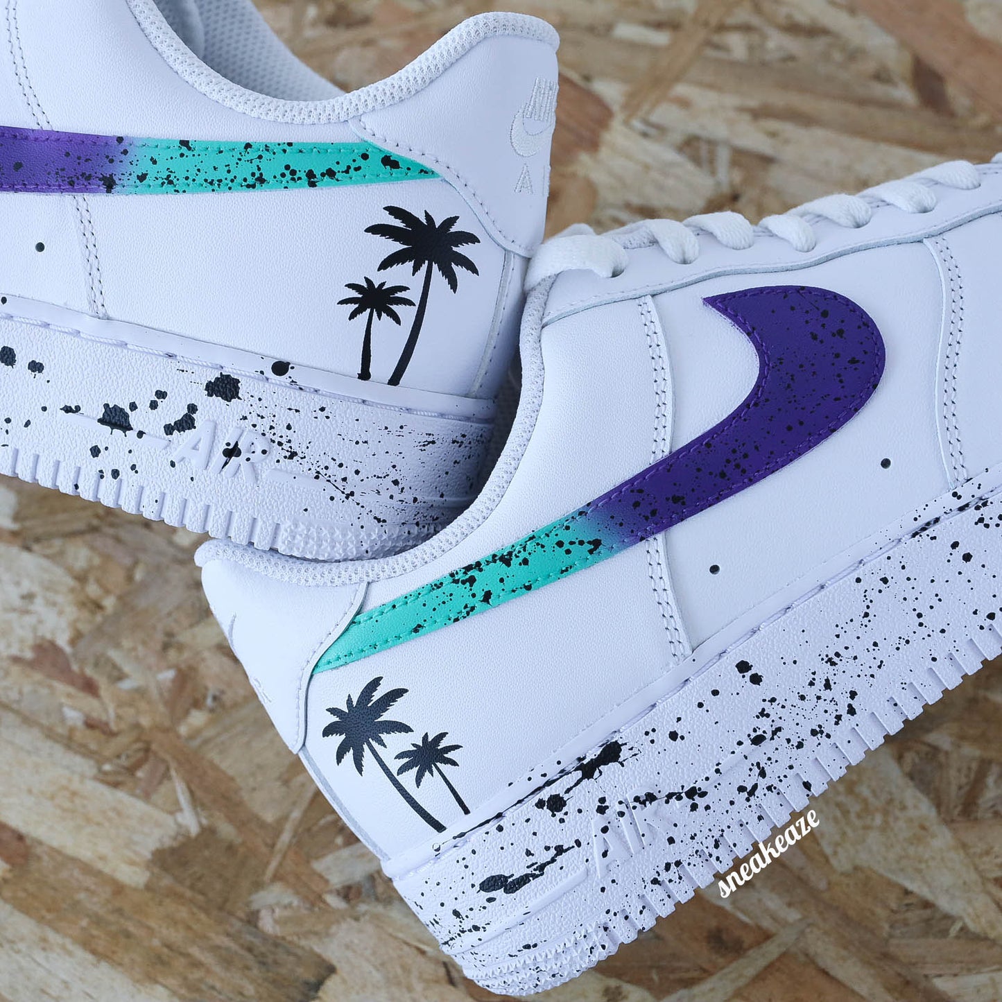 baskets nike air force 1 custom splash miami couleur vert et violet sneakers af1 sneakeaze