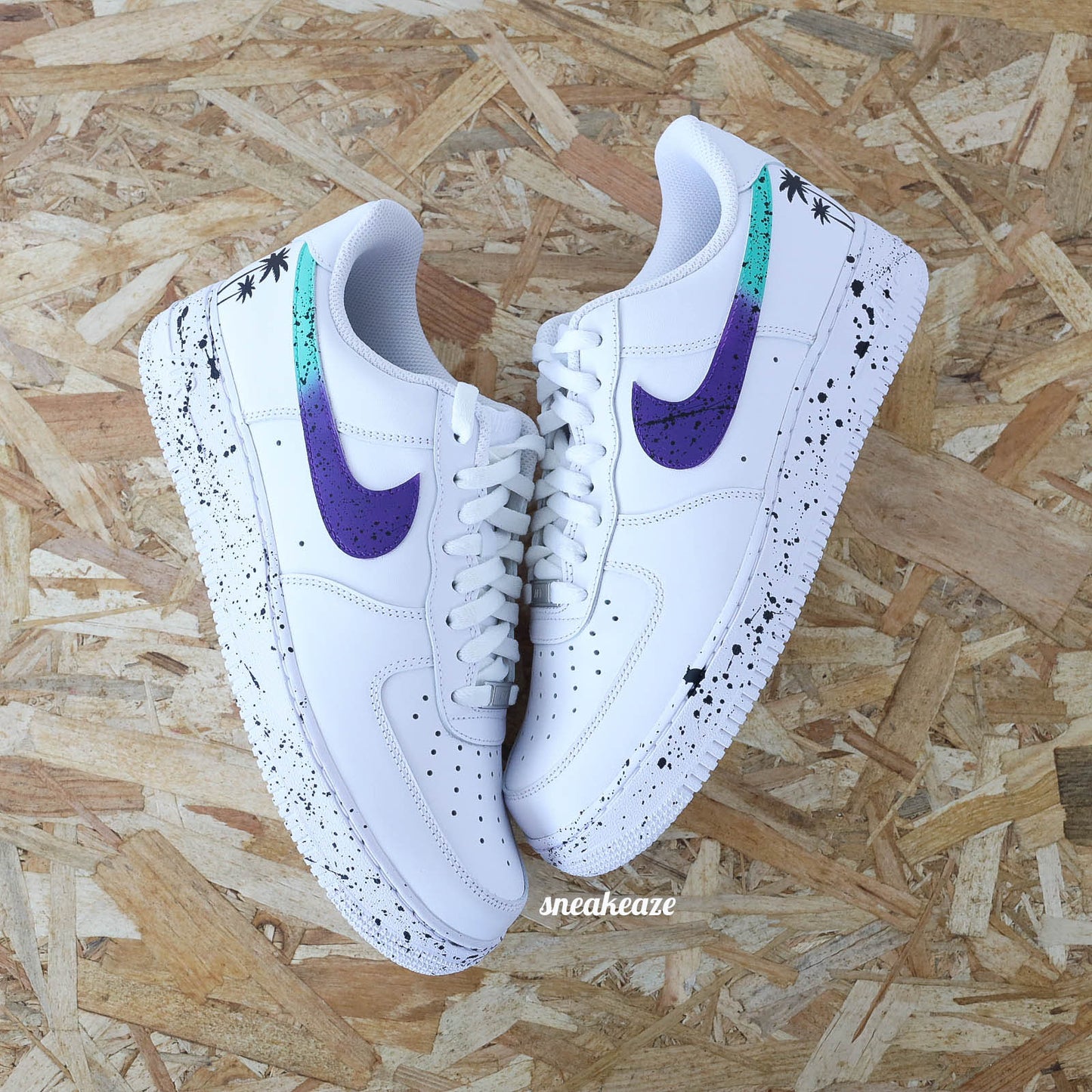 baskets nike air force 1 custom splash miami couleur vert et violet sneakers af1 sneakeaze