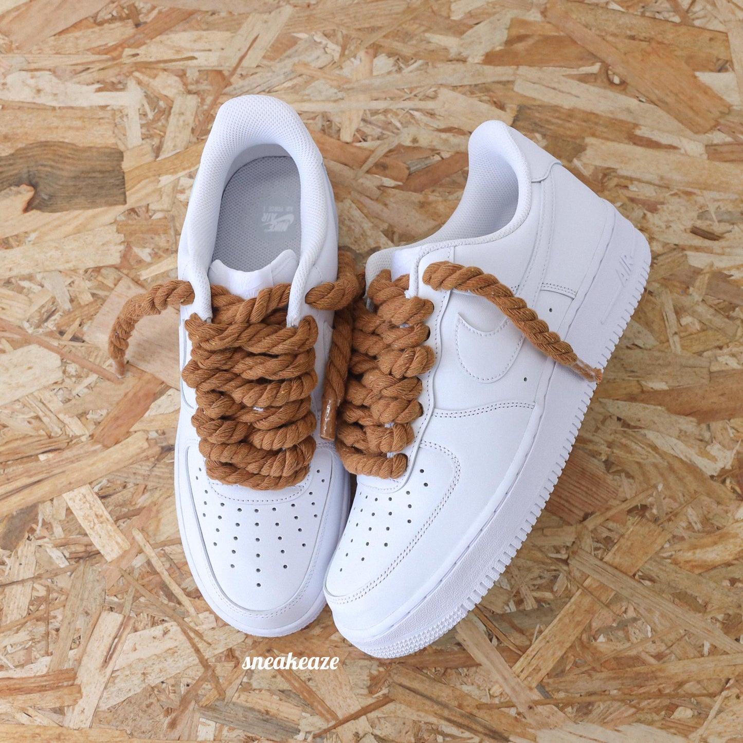 baskets nike air force 1 custom rope laces - lacets corde marron sneakeaze skz custom
