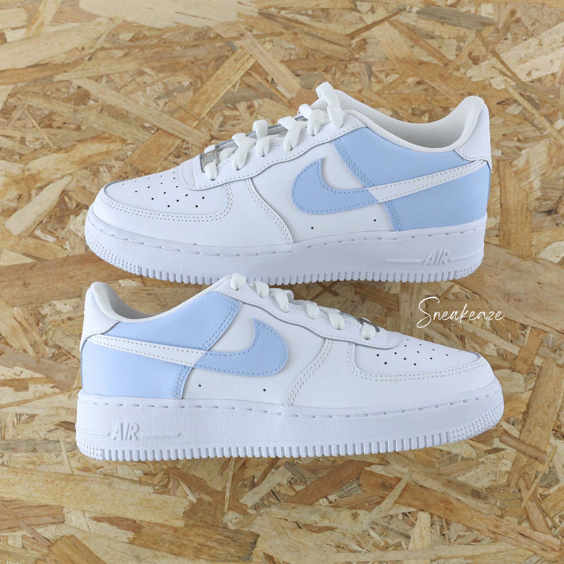 Baskets nike Air force 1 customs pastel reverse couleur bleu baby blue unc sneakeaze skz custom