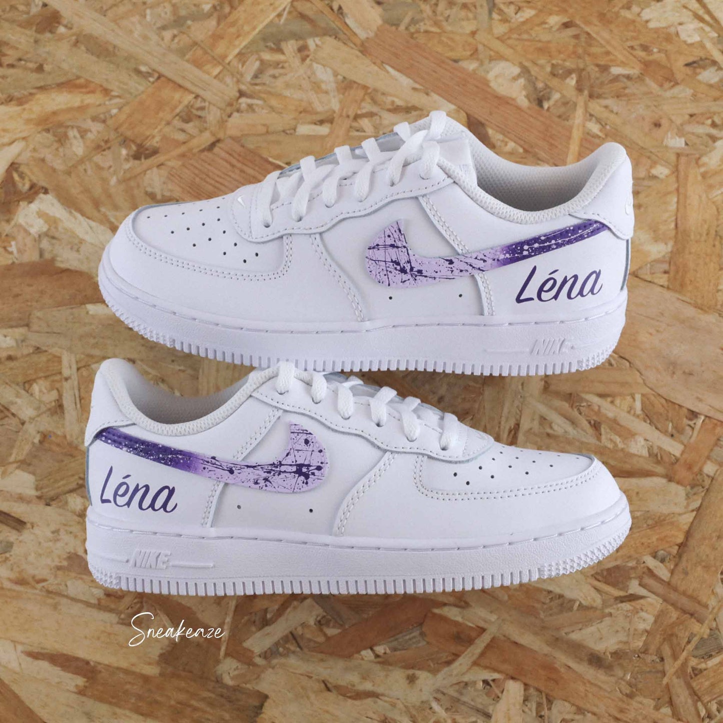 baskets nike air force 1 enfant custom - splash prénom violet - sneakeaze customs skz