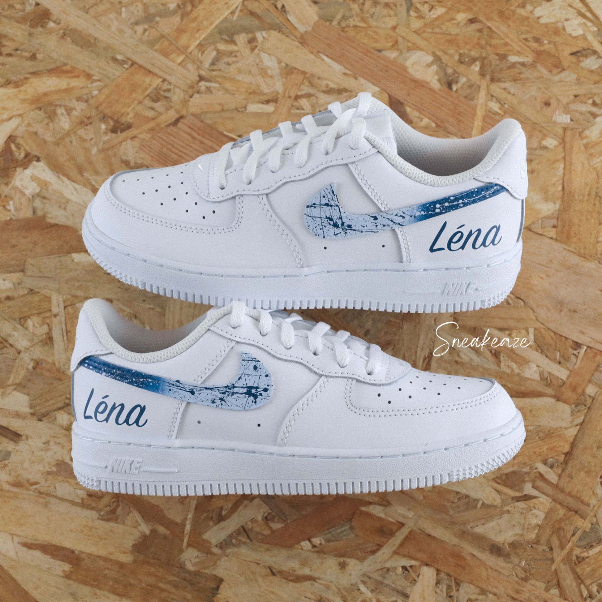 baskets nike air force 1 enfant custom - splash prénom bleu turquoise - sneakeaze customs skz