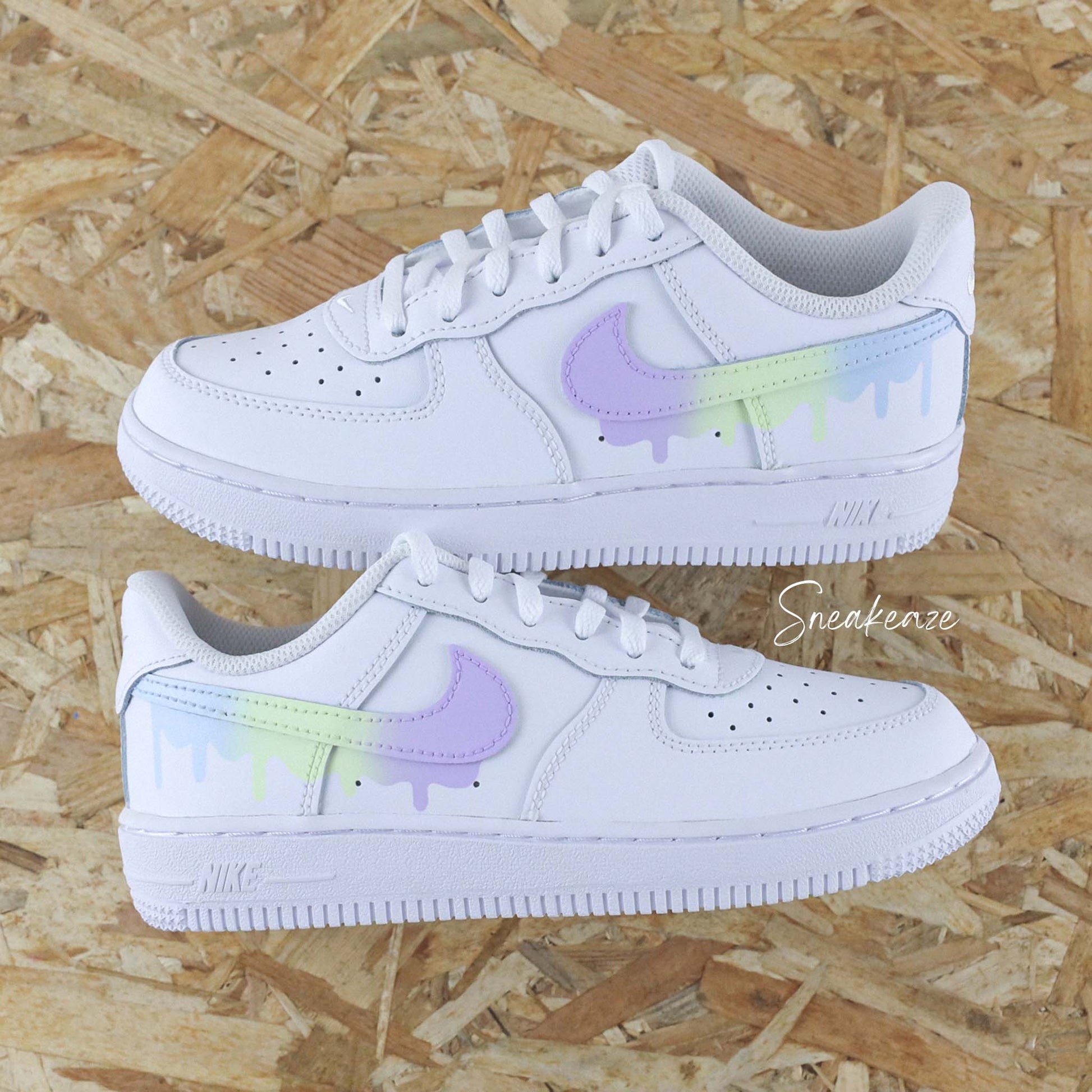 nike air force 1 custom swoosh drip dégradé pastel sneakers rose et lila pour femme et enfant AF1 personnalisé basket peint à la main