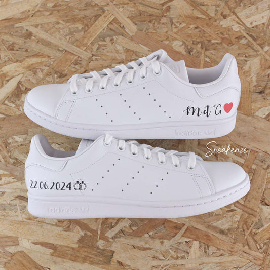 baskets Adidas stan smith custom mariage - wedding day personnalisation prénoms des futurs mariés et initiales sur le thème de l'amour - sneakeaze customs skz