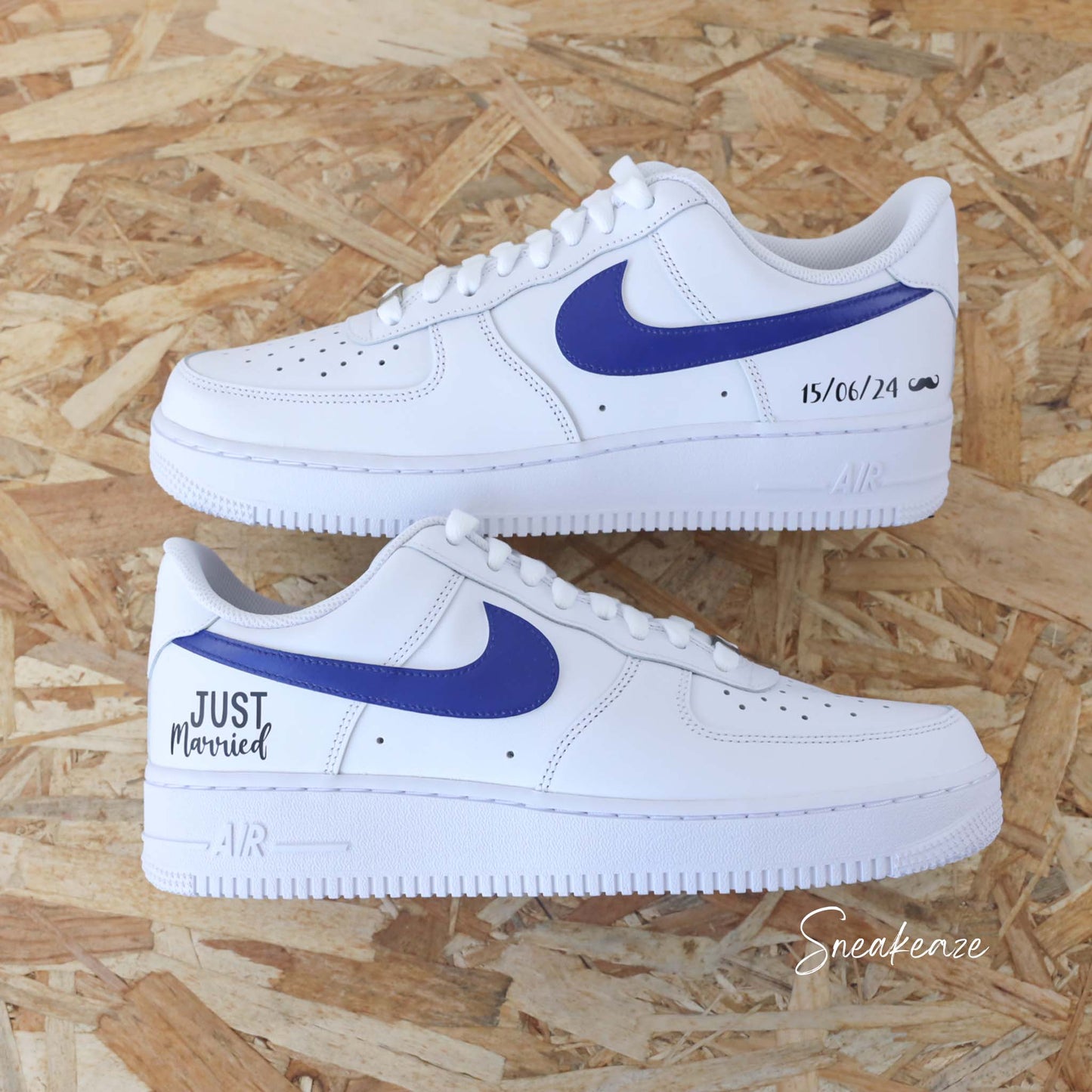 Nike Air Force 1 basses blanches en cuir custom pour mariage, Démarquez-vous avec une paire de sneakers personnalisable "Just Married" qui sort vraiment de l’ordinaire pour le jour J. Je dis OUI !