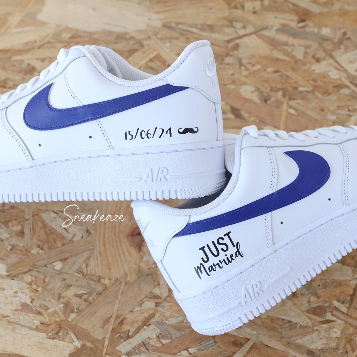 Nike Air Force 1 basses blanches en cuir custom pour mariage, Démarquez-vous avec une paire de sneakers personnalisable "Just Married" qui sort vraiment de l’ordinaire pour le jour J. Je dis OUI !