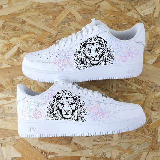 baskets nike Air Force 1 Custom dessin peint à la main lion et splash pastel unisexe sneakeaze customs