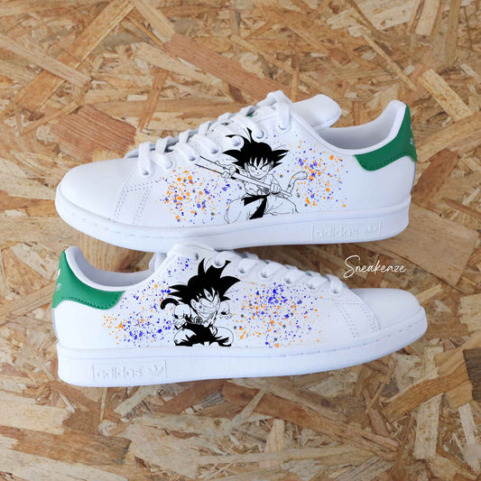 baskets adidas stan smith custom splash dragonballZ dbz goku dessin peint à la main sneakers pour homme et femme sneakeaze custom skz