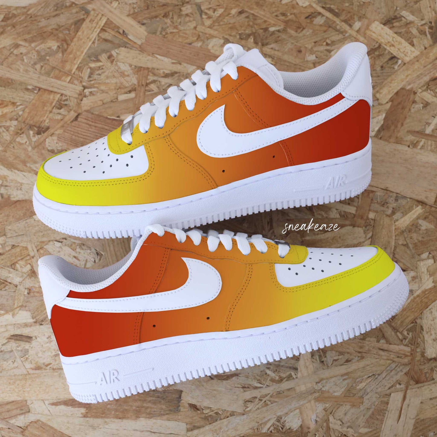 baskets nike air force 1 custom dégradé rouge et orange style flamme chaussures thème cars flash mcqueen course de voiture sneakers af1 sneakeaze