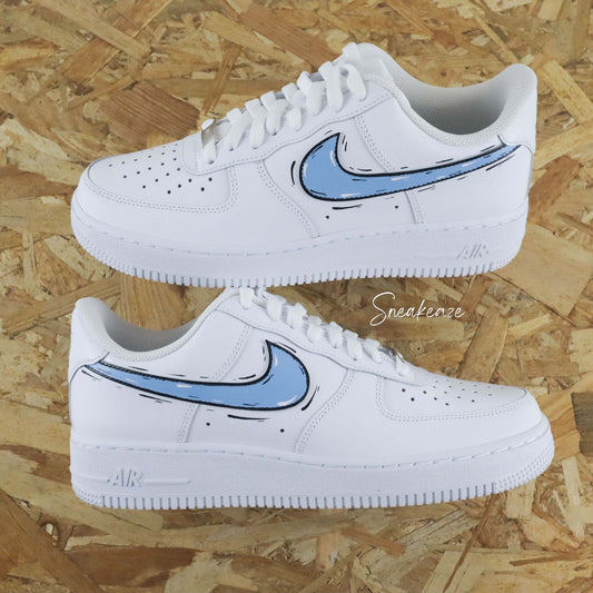 baskets nike air force 1 custom AF1 swoosh cartoon sketch unc blue sneakers personnalisé baskets custom