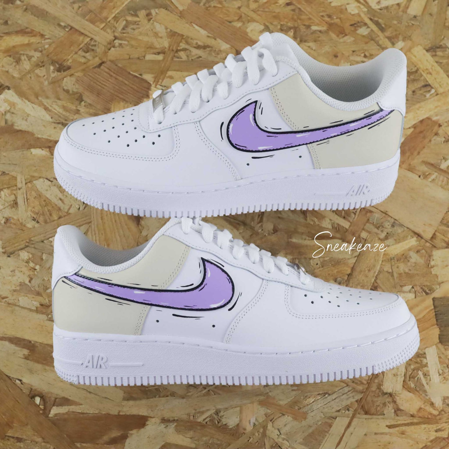 Baskets Nike Air Force 1 custom effet cartoon sketch color block couleur vanille et lila pastel sneakeaze custom